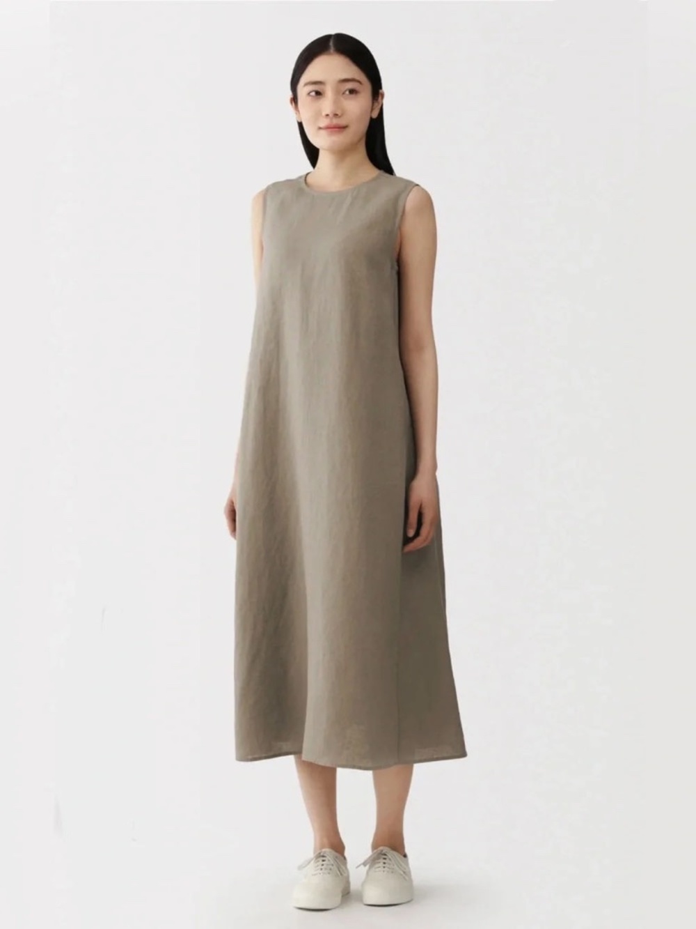 MUJI Taupe 100% Washed Linen Maxi Dress. Size M-L.
